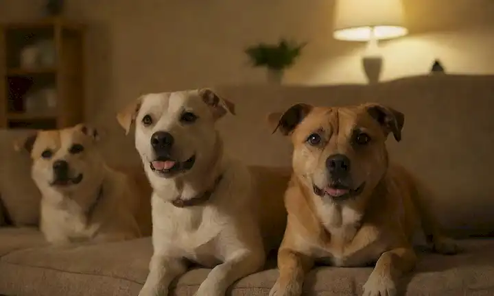 3-4 perros, de tamaño mediano a grande, con características faciales distintivas, uno sentado en un sofá, otros jugando en el fondo, entorno natural, iluminación caliente