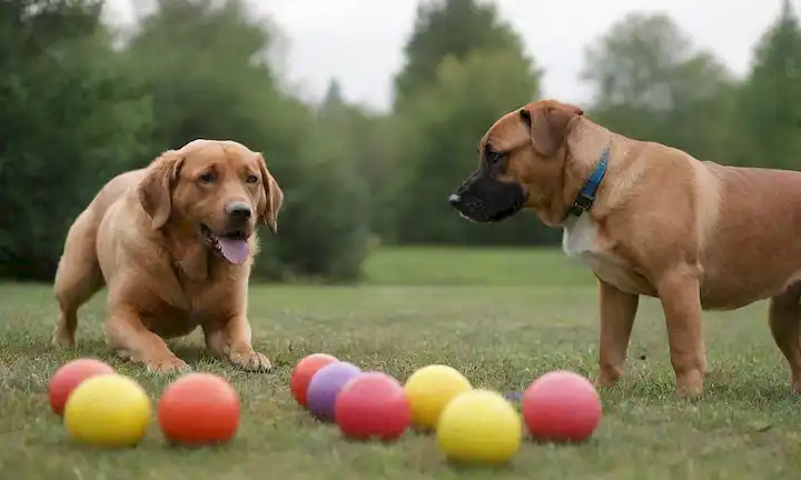3-4 perros de diferentes razas y tamaños, jugando juntos, olfateando y pawing en una variedad de objetos cotidianos como juguetes, bolas y golosinas, en un entorno exterior brillante y colorido, con algunos objetos parcialmente ocultos o fuera del alcance, transmitiendo emoción, curiosidad e interacción
