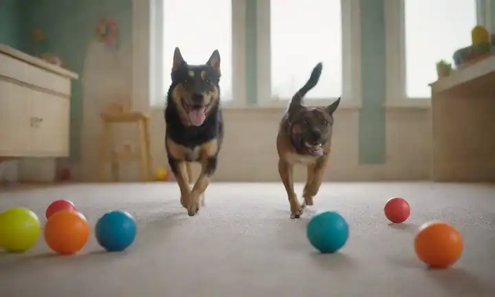 Un perro juguetón corriendo libremente, rodeado de juguetes y golosinas, con una cara sonriente, en una habitación brillante y colorida, con una gran ventana que deja en la luz natural, con algunas bolas o frisos flotando alrededor