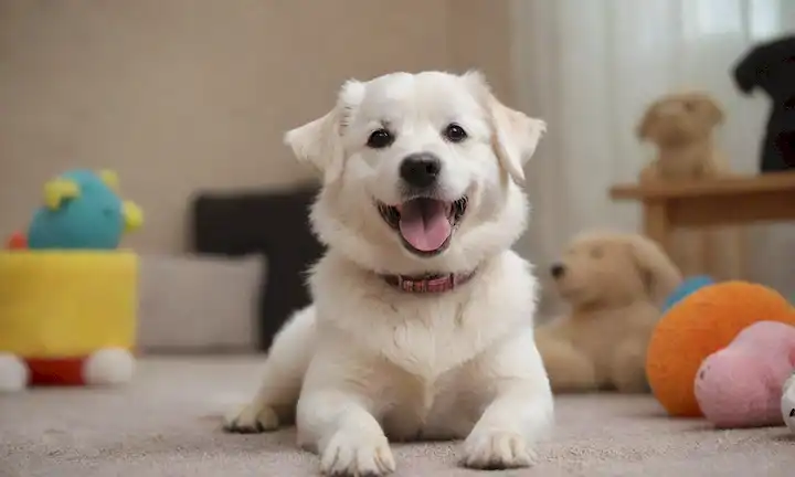 Perro blanco con puntas negras, cara bonita, orejas floppy, expresión sonriente, abrigo brillante, pose juguetona, sentado en una superficie suave, rodeado de juguetes o objetos, iluminación natural