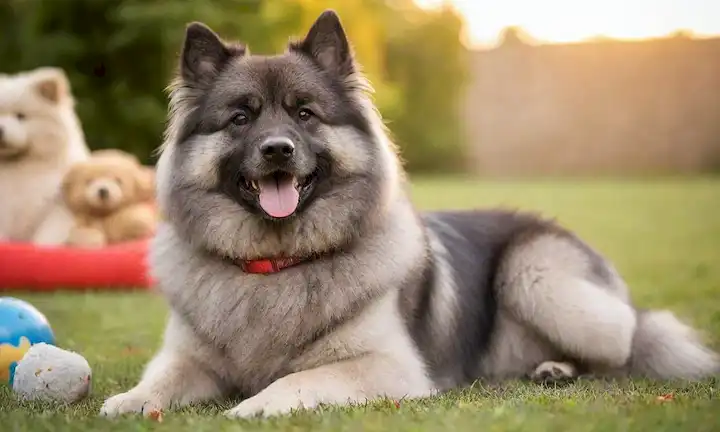 Un perro Keeshond feliz con un pelaje suave, sentado sobre una hierba verde, rodeado de juguetes y golosinas, usando un cuello y una etiqueta de nombre, teniendo una expresión relajada, con iluminación suave, colores cálidos y fondo borroso, transmitiendo un sentido de comodidad y compañía