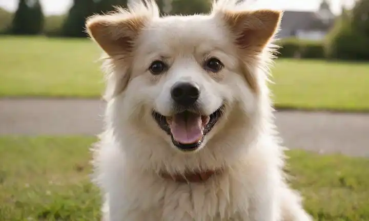 Un perro tranquilo, de tamaño mediano con un abrigo suave, sentado sobre una superficie herbosa, mirando directamente a la cámara, rodeado de iluminación suave, y con su rostro sonriente característico, con un enfoque sutil en sus oídos y ojos, mostrando su amistosa demeanor