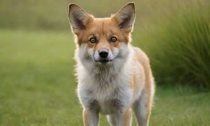 perro de tamaño mediano con capa doble gruesa, piel marrón y gris, cara de zorro, orejas erectas, nariz negra, ojos brillantes grandes, cola ondulada, de pie sobre hierba verde o rodeado de elementos naturales
