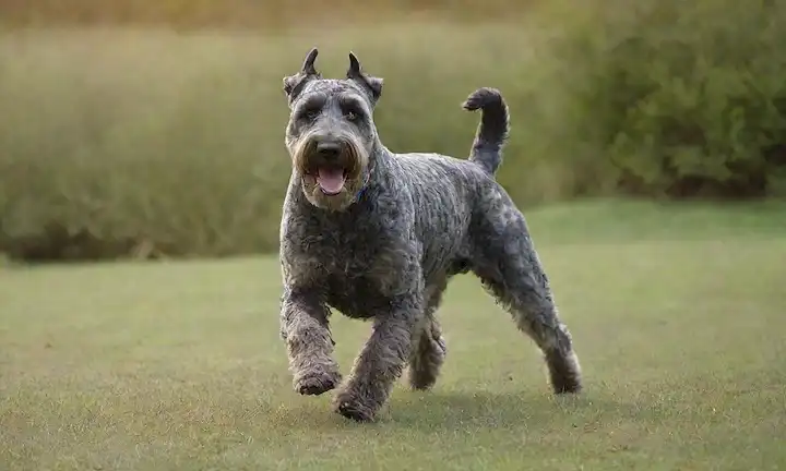 feliz, enérgico perro corriendo, juguetón, azul-y-tan abrigo brillando en la luz del sol, Kerry Blue Terrier reconocimiento de raza, edad de perro adulto, estilo retrato, paleta de color de alto contraste, entorno natural al aire libre, entorno verde, mañana o día de la atmósfera