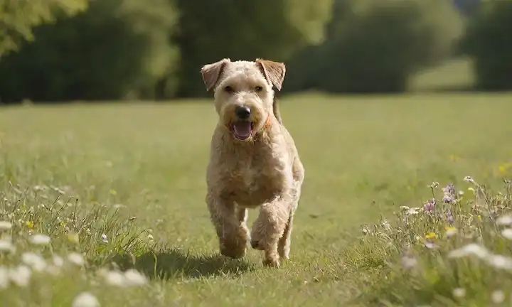 Un perro de raza de Lakeland Terrier feliz en un exuberante prado verde, corriendo hacia su dueño con orejas colgando y colgando, rodeado de flores brillantes y suave luz solar, con un fondo sutil borroso para centrar la atención en el tema