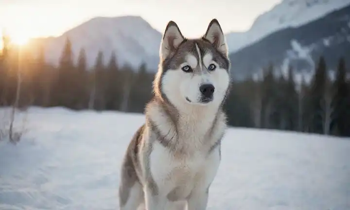 Paisaje de tundra con estilo siberiano Husky, montañas rugosas, árboles de nieve, elementos de diseño inspirados en los nórdicos, textura de piel, ojos brillantes, copos de nieve cayendo suavemente, ambiente sereno, paleta de colores naturales, efecto de iluminación sutil