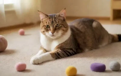 Un gato doméstico saltando sobre un cojín suave