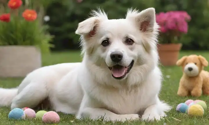 peluda perro blanco con pelo largo, sentado en césped verde, rodeado de juguetes y flores, mirando directamente a la cámara con ojos marrones grandes, la cola onda en el aire medio, con enfoque suave en el fondo para enfatizar la montura de sujetos