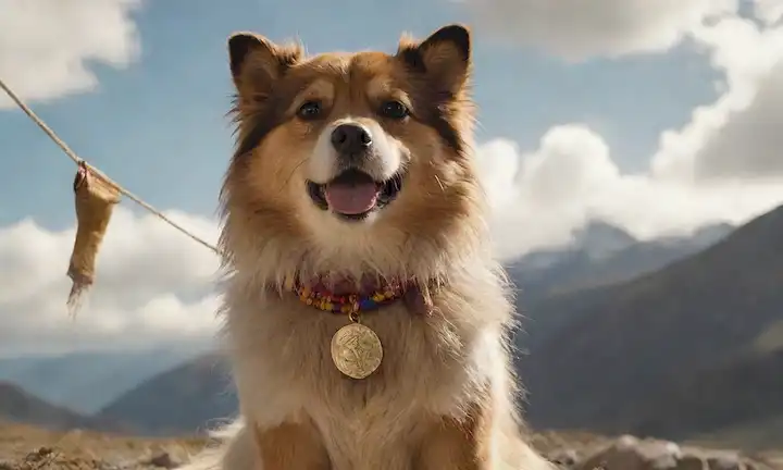 pequeño perro con pelo largo, expresión juguetona, sentado en un paisaje montañoso, rodeado de nubes y rayos del sol, sosteniendo una bandera de oración tibetana, llevando un collar de oro con un colgante de piedras preciosas, mirando directamente al espectador con ojos marrones grandes