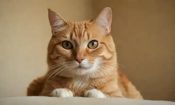 Un gato suave sentado en un regazo de propietarios, la cabeza inclinada y los ojos mirando a la cámara, rodeado de colores de fondo calma, iluminación cálida, con sutiles toques de elementos de ambiente natural