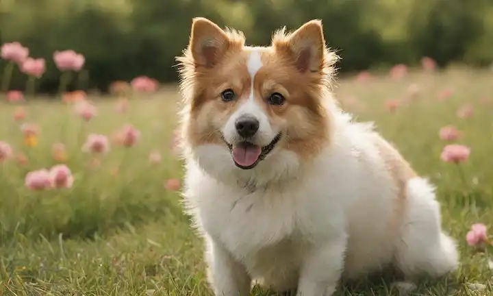 Un perro suave de tamaño pequeño con un abrigo suave, cara suave y cola rizada, sentado en una exuberante hierba verde, rodeado de flores brillantes, con un cielo soleado caliente sobre