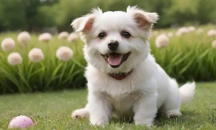 Perro blanco peluda con recubrimiento rizado, sentado sobre hierba verde, rodeado de flores y árboles, cara sonriente, ojos marrones grandes, orejas flojas, paja pequeña que sostiene un juguete, luz natural, enfoque suave