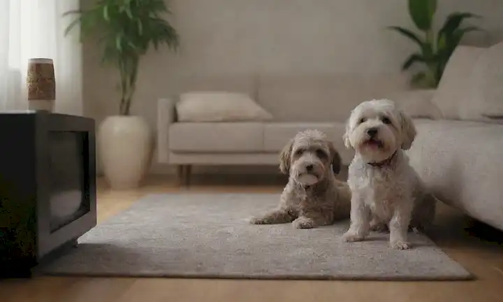3 pequeños perros Lowchen jugando juntos, uno sentado en un sofá, otro saltando alrededor, y el tercero acostado, todo en un acogedor salón con un jarrón, libros y un televisor, rodeado de calma, iluminación natural