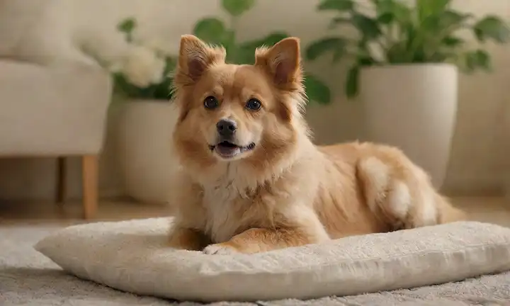 pequeño perro con pelaje suave, cola rizada, sentado en un cojín suave, rodeado de flores y vegetación, con una sutil luz dorada iluminando la escena, mostrando su expresión adorable, en un ambiente cálido y acogedor, transmitiendo amistad y juguetón