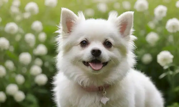 Perro pequeño con cola rizada y orejas colgantes, en un fondo verde suave, rodeado de delicadas flores o hojas, iluminación suave, ambiente sereno, estilo caprichoso