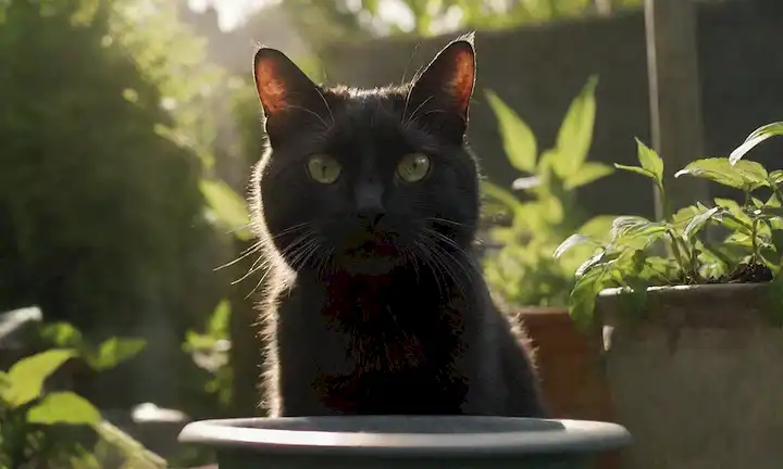 Un gato sentado en un jardín, rodeado de plantas tóxicas con señales de advertencia, cerca de un tazón de comida contaminada, bajo un sol brillante con sombras oscuras