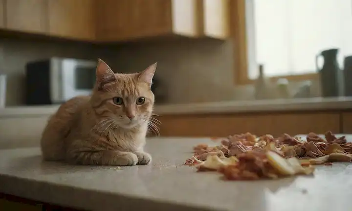 Un gato sentado en una encimera, rodeado de armarios abiertos, con restos de comida y basura esparcida alrededor