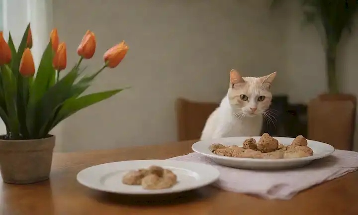 Un gato sentado en una mesa rodeado de plantas tóxicas como lirios de paz