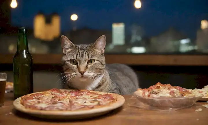 Un gato acostado sobre una mesa, rodeado de botellas vacías de cerveza, con una expresión confusa en su cara; una pizza de media comida cerca, con rodajas desgarradas y desmoronadas; una placa sucia en el fondo con sobras de una comida festiva; unos cuantos sombreros de fiesta descartados esparcidos alrededor; un paisaje urbano borroso o atmósfera de fiesta en el fondo