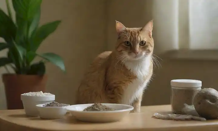 Un gato sentado sobre una mesa, rodeado de varias sustancias venenosas como veneno de ratas, productos de limpieza y plantas tóxicas como dieffenbachia, palma de sago, y lirio de paz; un cuenco de comida malcriada o podrida; una caja de basura sucia con gusanos arrastrando hacia fuera; una mano que sostiene un juguete de gato contaminado con pesticidas