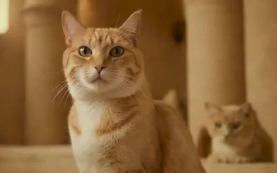 2 gatos con arquitectura de inspiración egipcia en fondo