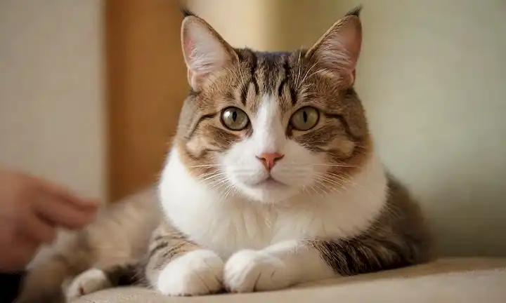 Un gato tranquilo sentado en un regazo, con suaves toques de pata, ojos relajantes, un fondo suave, un enfoque sutil en la cara de los gatos, ambiente tranquilo, iluminación cálida, pose relajada, suave tacto, expresión amistosa