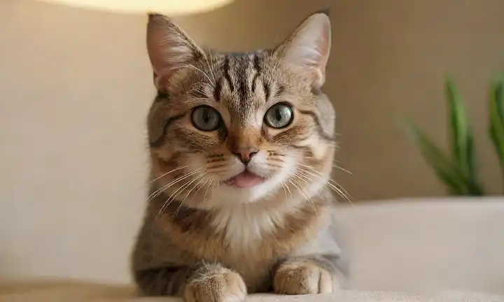 Una cara de gatos juguetona con una expresión curiosa, textura suave de piel, ojos brillantes, labios ligeramente separados, lengua pequeña saliendo, y un toque suave en el dedo humano o la mano, en un ambiente cálido sala de estar con un sofá, lámpara y planta, transmitiendo interacción amistosa