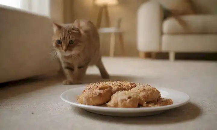 Un plato con comida sin comer, un ceño en una cara de gatos, una pata que llega a algo más, un dueño que se ve preocupado, un comedor desordenado en el fondo