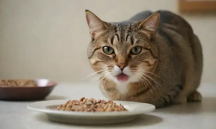 Una cara felina con una expresión vacilante, una ceja elevada, y una boca ligeramente abierta, rodeada de comida dispersa o kibble en un plato, con una sombra débil de una placa en el fondo, que transporta el malestar, la incertidumbre y el rechazo sutil