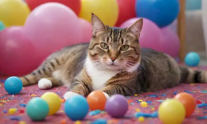 Un gato con contenido que salta sobre una alfombra colorida, con un vaso de agua y juguetes dispersos alrededor de ella, en medio de un fondo juguetón con globos o confeti, transmitiendo un sentido de alegría y silbación, rodeado de muebles desenfoque suave