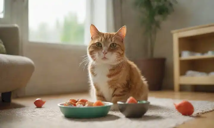 Un gato feliz con un cuerpo de plomería, lamiendo su pata cerca de un tazón lleno de apetitosos alimentos basados en peces, rodeado de un ambiente cálido y acogedor salón, con la luz del sol fluyendo a través de la ventana, y unos juguetes dispersos, transmitiendo una sensación de satisfacción y satisfacción