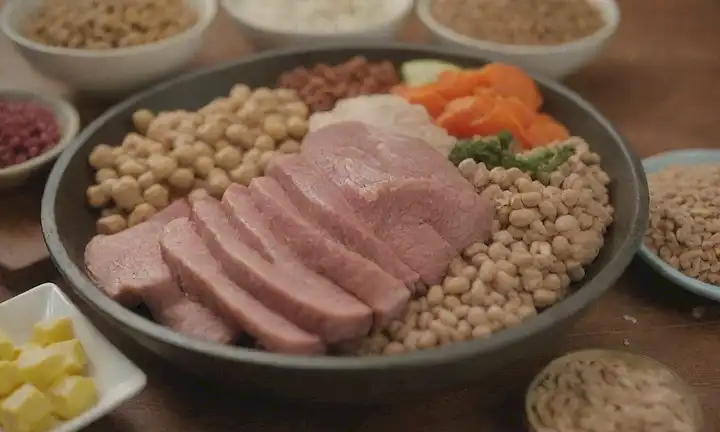 un cuenco de comida para perros con trozos de carne y verduras, un plato de comida para gatos con pescado y granos, un collage de diferentes alimentos ricos en proteínas para mascotas como pollo, carne de res, cordero, pavo y huevos