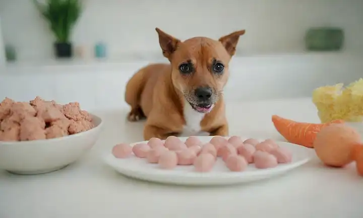 Un tazón con un único tipo de alimentos ricos en proteínas como pollo, salmón o cordero, rodeado de unos pocos juguetes gato o perro, en una superficie blanca o de color claro, con una composición sencilla y limpia