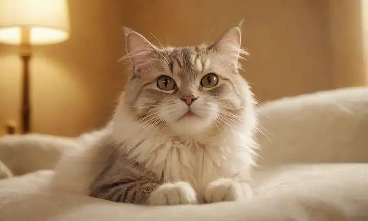gato 3D convertido con pelaje suave, sentado en un cojín de felpa, rodeado de wisps de niebla de color crema, sosteniendo una cuchara delicada en la pata, con una luz de oro caliente arrojando sombras sutiles en sus silbidos, y unos pocos pelos de gato callejero flotando hacia arriba para indicar frescura y vitalidad