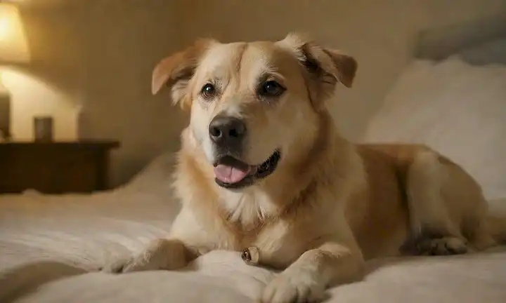 Un perro tranquilo acostado en una cama con una sonrisa sutil, rodeado de luz suave y cálida, sosteniendo una pequeña botella de píldora con una tapa dorada, con suaves sombras y momentos destacados en la piel de los perros, en medio de un ambiente sereno y pacífico, transmitiendo confianza y serenidad