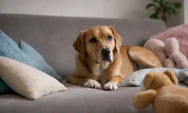 Un perro acostado tranquilamente en un sofá, rodeado de suaves juguetes y libros, con unos hilos sueltos colgando de su cuello; una suave iluminación en el fondo para transmitir un sentido de serenidad; un sutil gradiente de colores para representar la calma; un toque de movimiento, como una ligera inclinación de la cabeza o una oreja relajada; un ambiente acogedor que te hace querer deslizarte junto al perro