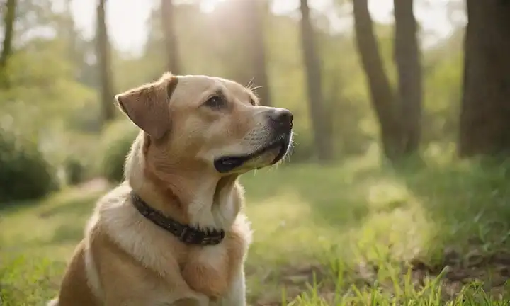Perro calmante en ambiente natural, paisaje sereno con suave luz solar, plantas y árboles, texturas sutiles, colores suaves, enfocarse en cara caninas, postura relajada, ambiente tranquilo, sentido de serenidad y tranquilidad