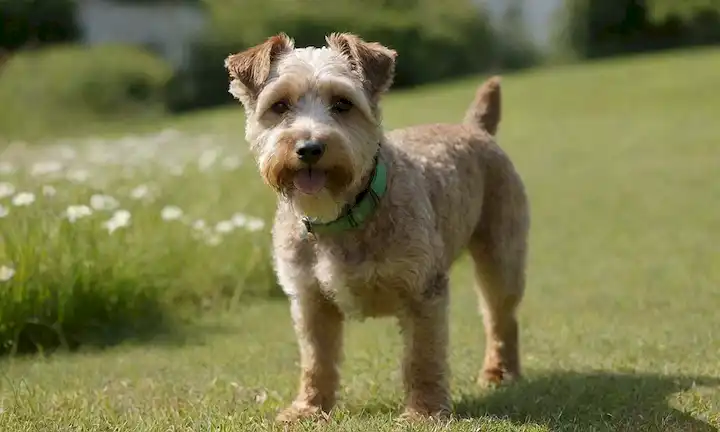 Perro pequeño, terrier recubierto, ojos animados, cara arrugada, hocico corto, orejas flojas, cola maciza, robusta construcción, expresión juguetona, abrigo marrón con manchas blancas, de pie sobre hierba verde, rodeado de flores, clima soleado, ambiente suave