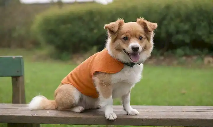 un perro pequeño y juguetono con un pelaje naranja suave, orejas rizadas y expresión amistosa; sentado en una hierba verde o un banco de madera; rodeado de hojas o flores; posiblemente con un collar con etiqueta de nombre; mostrando su cola rizada ongging libremente