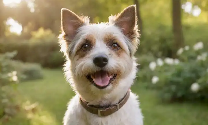 Un animado terrier con un abrigo suave, de pie sobre un fondo pastoso, rodeado de hojas y flores, con una expresión juguetona, mirando hacia arriba con grandes ojos marrones, usando un collar con una etiqueta de nombre brillante, rodeado de árboles borrosos o arbustos a la distancia, con la luz del sol arrojando sombras cálidas