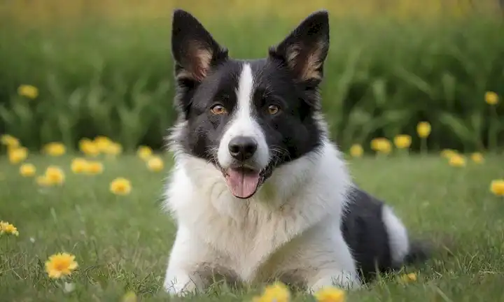 Un peludo perro blanco y negro con un rostro distintivo parecido al zorro