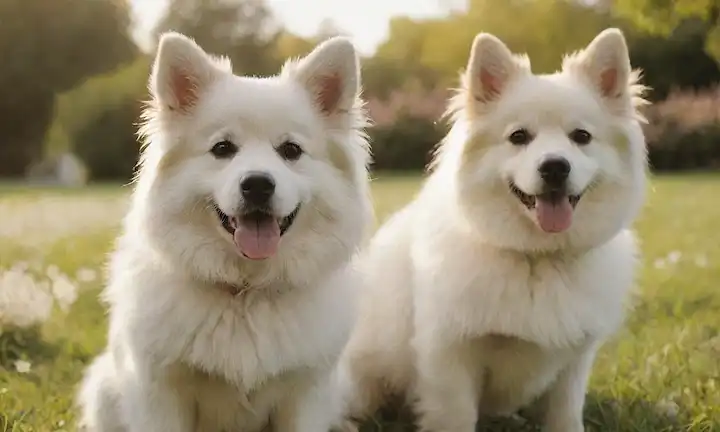 2 perros adorables con pelajes suaves, uno con una máscara blanca distintiva, sentado en la hierba, mirando directamente a la cámara, posiblemente con colas ondeando, en la luz del sol caliente, rodeado de suaves flores o hojas, transportando energía amistosa y lúdica