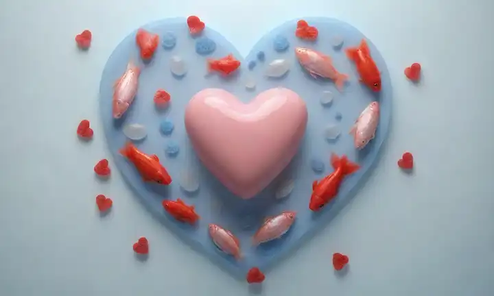 Corazón 3D rodeado de peces, ácidos grasos omega-3, y hojas, con un suave brillo azul, contra un patrón de onda sutil, con unos pocos acentos rojos suaves, sugiriendo salud y vitalidad, en un fondo blanco