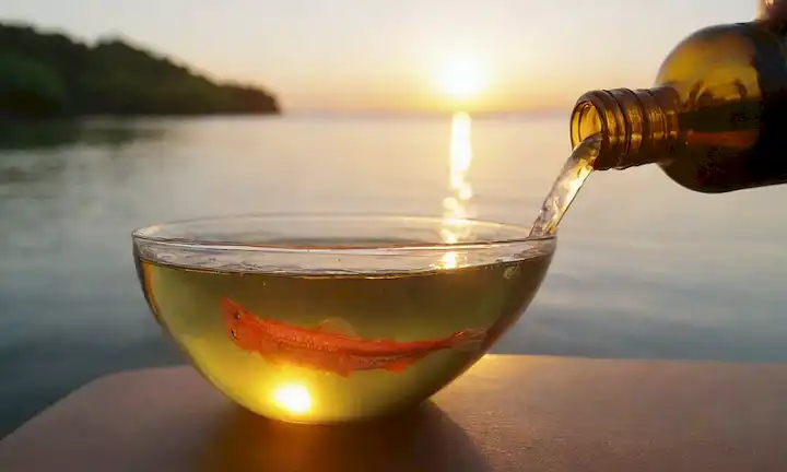 Una escena oceánica serena con un pez nadando junto a un barco, capturando un cálido resplandor de puesta del sol, con una botella de aceite con un chorro de vertido dorado, rodeado de vegetación exuberante y un sutil toque de cápsulas de vitamina E, con una suave ola en el fondo, transmitiendo serenidad, salud y bienestar