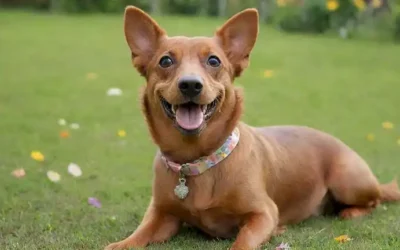 Un Teckel sonriente con una capa larga suave sentado en un parche de hierba verde