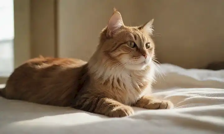 Un gato tranquilo tumbado en una cama suave con piel suavemente cepillado