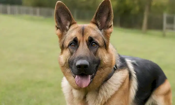 Un disparo de cerca de un pastor alemán perros cara con sus orejas arriba, cola relajada y ojos enfocados; una persona en el fondo parcialmente escondida por una cerca o puerta con una suave sonrisa, tal vez sosteniendo una correa o un regalo; un paisaje verde borroso con árboles y hierba; sol brillando con unas nubes blancas suaves