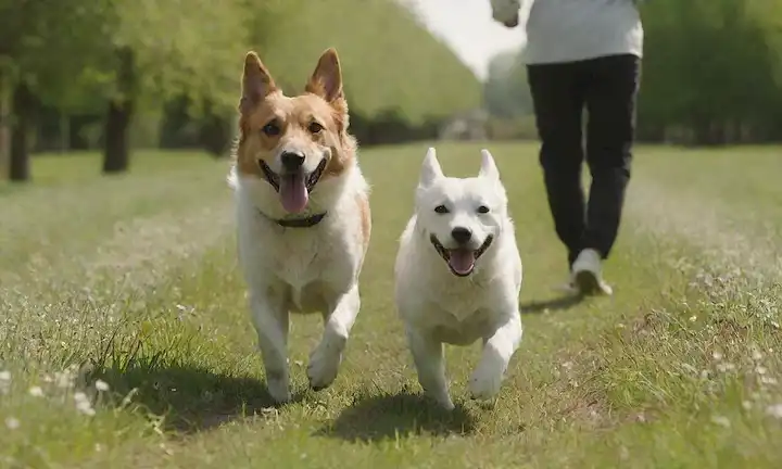perro enérgico corriendo a través de un campo verde con un feliz dueño caminando al lado, perros abrigo brillando en la luz del sol, árboles y flores borrosas en el fondo, expresión alegre en los perros cara