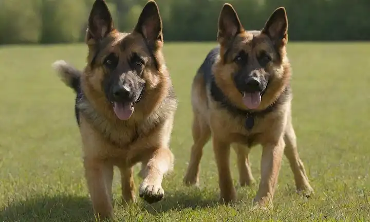2 alemanes Pastores jugando a la fiesta en un prado verde con el sol brillando, un perro feliz y saludable corriendo hacia su dueño sosteniendo una pelota, un acercamiento de una cara de perros con ojos brillantes y la cola de onda, un perro tranquilo descansando en su lado con orejas afilando libremente