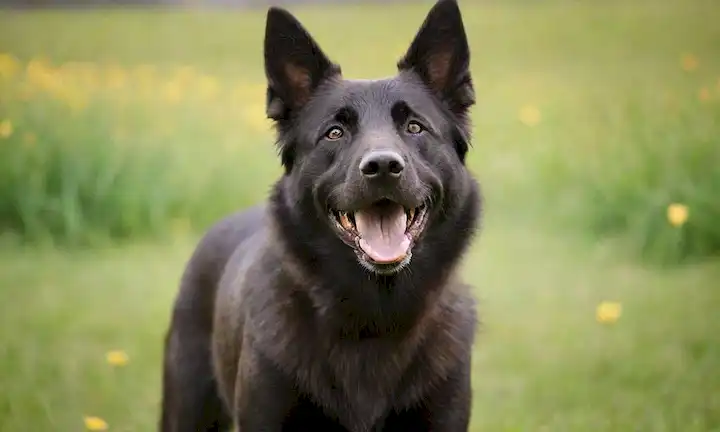 Un pastor belga sonriente con un abrigo brillante, orejas arriba, colgando, de pie en un prado verde, rodeado de flores, con un fondo borroso, centrándose en la expresión facial de los perros, con ligero movimiento borroso, iluminación cálida y una profundidad poco profunda de campo